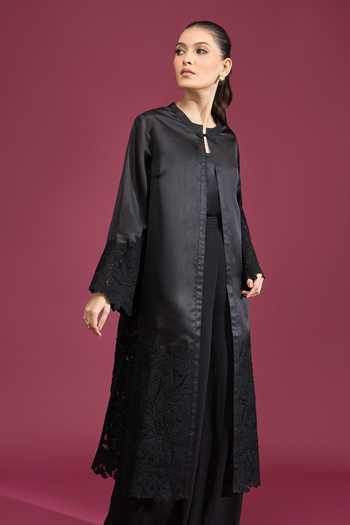 Shop Tarun Tahiliani Black Keyhole Neck Lace Work Long Jacket Shop_Tarun Tahiliani_Black Keyhole Neck Lace Work Long Jacket