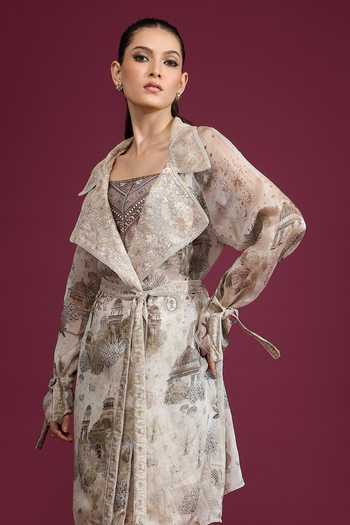 Shop Tarun Tahiliani Ivory Collared Neck Architectural Print Jacket Shop_Tarun Tahiliani_Ivory Collared Neck Architectural Print Jacket
