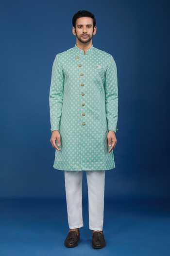 Buy_Arihant Rai Sinha_Green Jacquard, Polyester, Viscose Floral Woven Sherwani Set _Online_at_Aza_Fashions