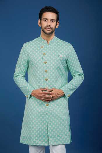 Shop_Arihant Rai Sinha_Green Jacquard, Polyester, Viscose Floral Woven Sherwani Set _Online_at_Aza_Fashions