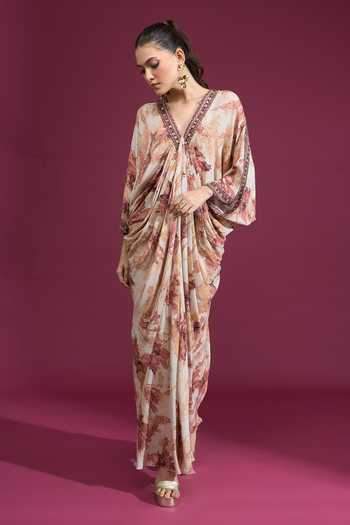 Buy_Tarun Tahiliani_Multi Color V-neck Printed Draped Kaftan_Online_at_Aza_Fashions