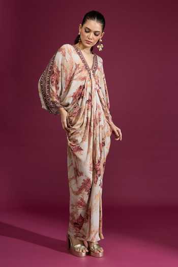 Shop_Tarun Tahiliani_Multi Color V-neck Printed Draped Kaftan_Online_at_Aza_Fashions