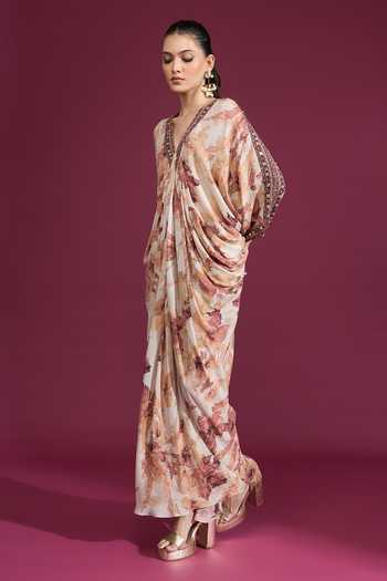 Tarun Tahiliani_Multi Color V-neck Printed Draped Kaftan_at_Aza_Fashions