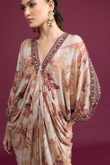 Buy_Tarun Tahiliani_Multi Color V-neck Printed Draped Kaftan