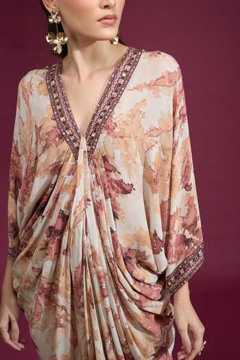 Shop_Tarun Tahiliani_Multi Color V-neck Printed Draped Kaftan