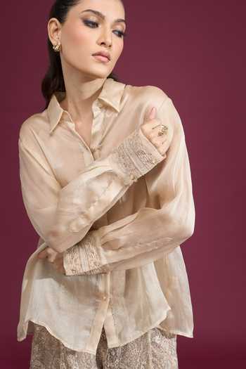 Buy_Tarun Tahiliani_Beige Collared Neck Lace Work Cuffed Shirt _Online_at_Aza_Fashions
