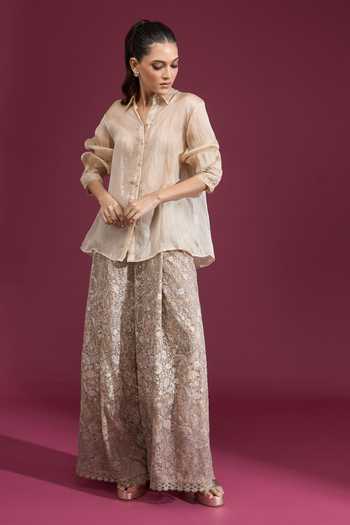 Shop_Tarun Tahiliani_Beige Collared Neck Lace Work Cuffed Shirt _Online_at_Aza_Fashions