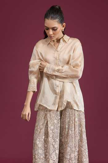 Tarun Tahiliani_Beige Collared Neck Lace Work Cuffed Shirt _at_Aza_Fashions