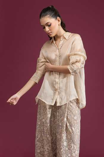 Buy_Tarun Tahiliani_Beige Collared Neck Lace Work Cuffed Shirt 