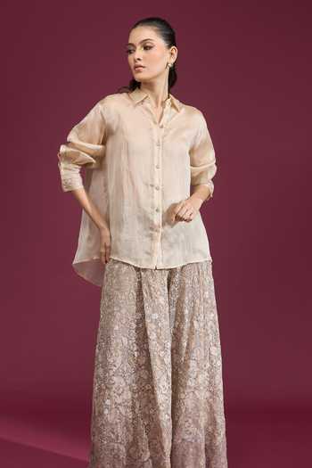Shop_Tarun Tahiliani_Beige Collared Neck Lace Work Cuffed Shirt 