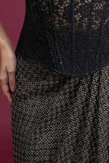 Shop_Tarun Tahiliani_Black Draped Long Textured Skirt 