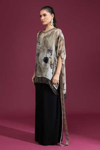 Buy_Tarun Tahiliani_Multi Color Round Neck Printed Tassel Top _Online_at_Aza_Fashions