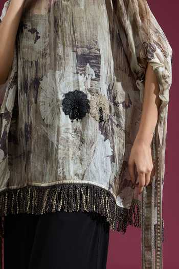 Shop_Tarun Tahiliani_Multi Color Round Neck Printed Tassel Top _Online_at_Aza_Fashions