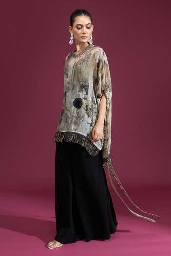 Tarun Tahiliani_Multi Color Round Neck Printed Tassel Top _at_Aza_Fashions