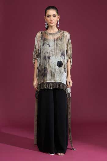 Buy_Tarun Tahiliani_Multi Color Round Neck Printed Tassel Top 