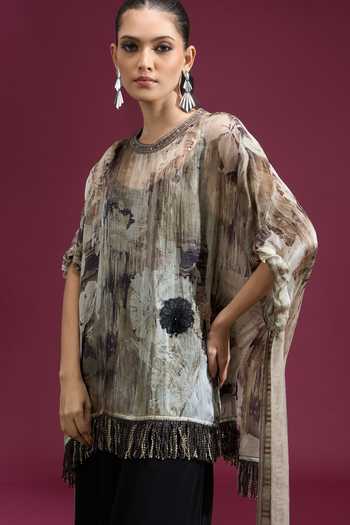 Shop_Tarun Tahiliani_Multi Color Round Neck Printed Tassel Top 