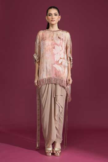 Shop_Tarun Tahiliani_Pink Round Neck Printed Tassel Top _Online_at_Aza_Fashions