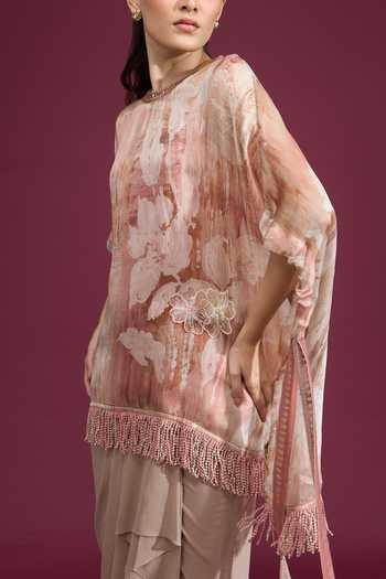 Tarun Tahiliani_Pink Round Neck Printed Tassel Top _at_Aza_Fashions