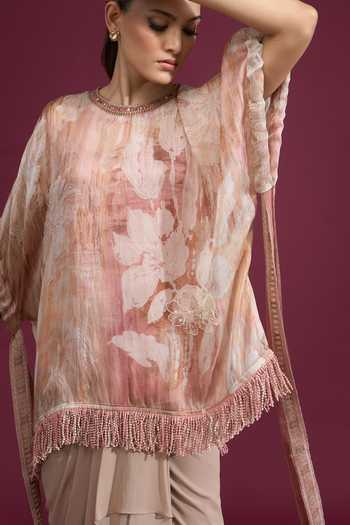 Buy_Tarun Tahiliani_Pink Round Neck Printed Tassel Top 