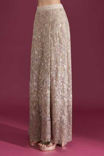 Tarun Tahiliani_Ivory Lace, Zari Floral Embroidered Palazzo _at_Aza_Fashions