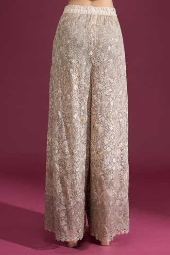 Shop_Tarun Tahiliani_Ivory Lace, Zari Floral Embroidered Palazzo 