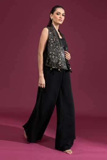 Buy_Tarun Tahiliani_Black Plain Wide Leg Trouser 