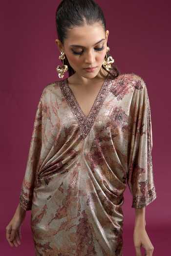 Buy_Tarun Tahiliani_Brown V-neck Printed Draped Dress _Online_at_Aza_Fashions