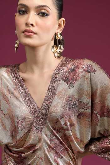 Shop_Tarun Tahiliani_Brown V-neck Printed Draped Dress _Online_at_Aza_Fashions