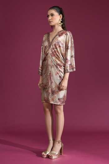 Tarun Tahiliani_Brown V-neck Printed Draped Dress _at_Aza_Fashions