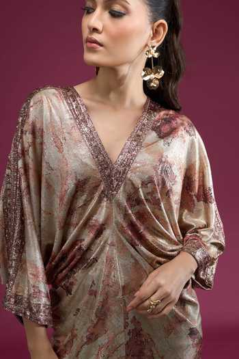 Buy_Tarun Tahiliani_Brown V-neck Printed Draped Dress 