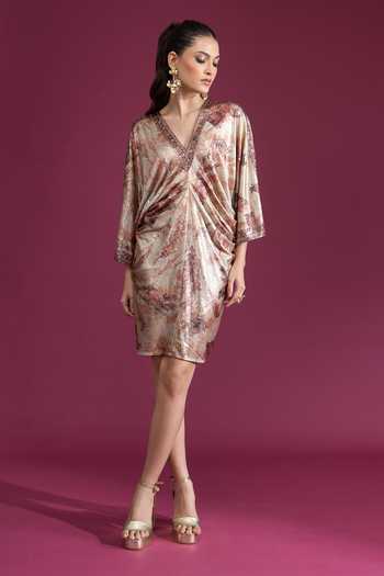 Shop_Tarun Tahiliani_Brown V-neck Printed Draped Dress 
