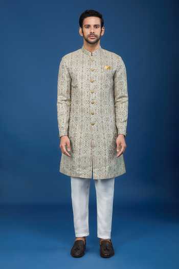 Buy_Arihant Rai Sinha_Beige Jacquard, Polyester, Viscose Embroidery, Florette Woven Sherwani Set _Online_at_Aza_Fashions