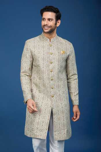 Shop_Arihant Rai Sinha_Beige Jacquard, Polyester, Viscose Embroidery, Florette Woven Sherwani Set _Online_at_Aza_Fashions