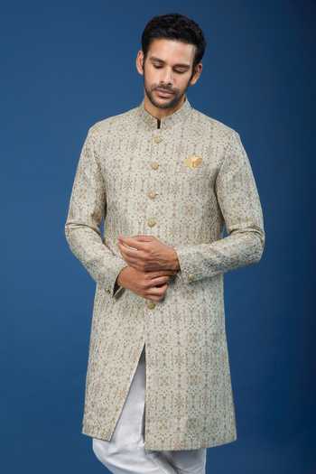Arihant Rai Sinha_Beige Jacquard, Polyester, Viscose Embroidery, Florette Woven Sherwani Set _at_Aza_Fashions