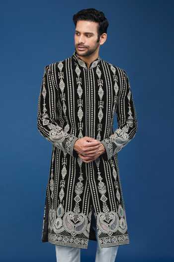 Buy Arihant Rai Sinha Black Velvet, Polyester, Viscose Embroidery, Sequins Dori Sherwani Set at Aza Fashions Buy_Arihant Rai Sinha_Black Velvet, Polyester, Viscose Embroidery, Sequins Dori Sherwani Set _at_Aza_Fashions