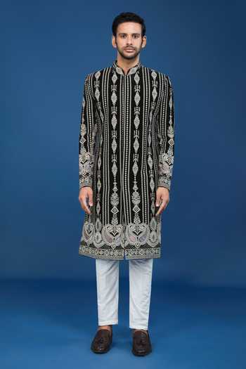 Arihant Rai Sinha Black Velvet, Polyester, Viscose Embroidery, Sequins Dori Sherwani Set Online at Aza Fashions Arihant Rai Sinha_Black Velvet, Polyester, Viscose Embroidery, Sequins Dori Sherwani Set _Online_at_Aza_Fashions
