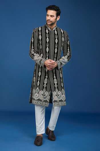 Shop Arihant Rai Sinha Black Velvet, Polyester, Viscose Embroidery, Sequins Dori Sherwani Set Online at Aza Fashions Shop_Arihant Rai Sinha_Black Velvet, Polyester, Viscose Embroidery, Sequins Dori Sherwani Set _Online_at_Aza_Fashions