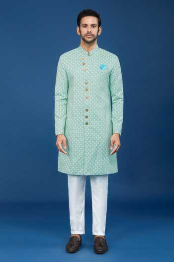 Arihant Rai Sinha Green Jacquard, Polyester, Viscose Embroidery, Geometric Pattern Sherwani Set Online at Aza Fashions Arihant Rai Sinha_Green Jacquard, Polyester, Viscose Embroidery, Geometric Pattern Sherwani Set _Online_at_Aza_Fashions