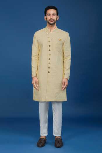 Arihant Rai Sinha_Yellow Jacquard, Polyester, Viscose Embroidery, Sequins Sherwani And Pant Set _Online_at_Aza_Fashions