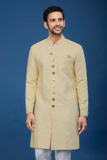 Buy_Arihant Rai Sinha_Yellow Jacquard, Polyester, Viscose Embroidery, Sequins Sherwani And Pant Set _Online_at_Aza_Fashions
