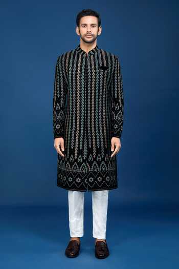 Arihant Rai Sinha Black Velvet, Polyester, Viscose Embroidery, Sequins Dori Sherwani Set Online at Aza Fashions Arihant Rai Sinha_Black Velvet, Polyester, Viscose Embroidery, Sequins Dori Sherwani Set _Online_at_Aza_Fashions