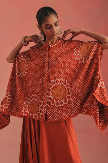 Twenty Nine Orange Silk Mandarin Collar Band Bandhani Tunic at Aza Fashions Twenty Nine_Orange Silk Mandarin Collar Band Bandhani Tunic _at_Aza_Fashions