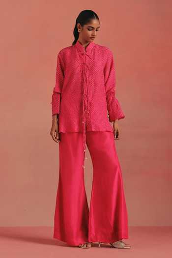 Twenty Nine Pink Silk Mandarin Collar Rai Bandhani Tie-up Shirt at Aza Fashions Twenty Nine_Pink Silk Mandarin Collar Rai Bandhani Tie-up Shirt _at_Aza_Fashions