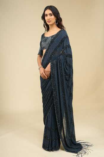 Buy_Nakul Sen_Blue Scoop Neck Linear Sequin Saree With Blouse _Online_at_Aza_Fashions