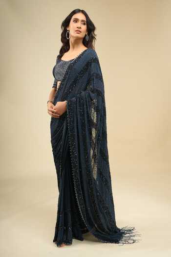 Shop_Nakul Sen_Blue Scoop Neck Linear Sequin Saree With Blouse _Online_at_Aza_Fashions