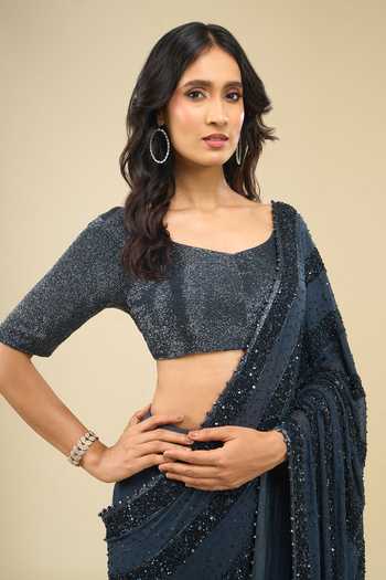 Nakul Sen_Blue Scoop Neck Linear Sequin Saree With Blouse _at_Aza_Fashions