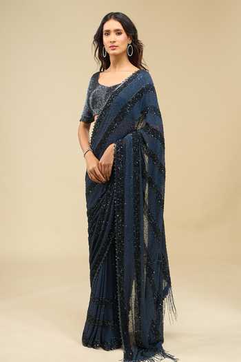 Shop_Nakul Sen_Blue Scoop Neck Linear Sequin Saree With Blouse 