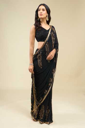 Shop Nakul Sen Black V-neck Leafy Sequin Saree With Blouse Shop_Nakul Sen_Black V-neck Leafy Sequin Saree With Blouse