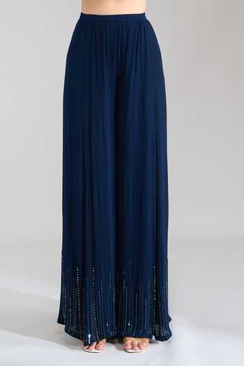 Shop Nakul Sen Blue Round Neck, Yes Linear Embroidered Short Kurta Sharara Set Online at Aza Fashions Shop_Nakul Sen_Blue Round Neck, Yes Linear Embroidered Short Kurta Sharara Set _Online_at_Aza_Fashions