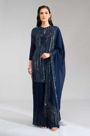 Buy Nakul Sen Blue Round Neck, Yes Linear Embroidered Short Kurta Sharara Set Online at Aza Fashions Buy_Nakul Sen_Blue Round Neck, Yes Linear Embroidered Short Kurta Sharara Set _Online_at_Aza_Fashions